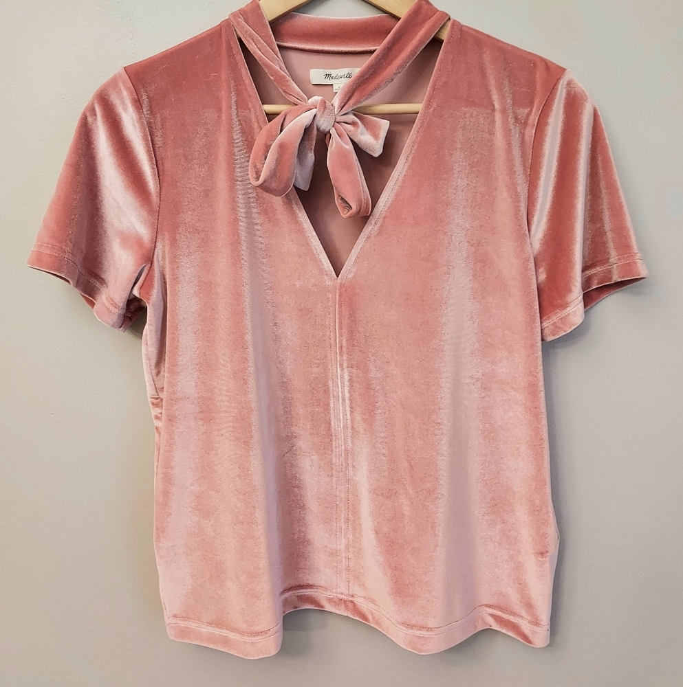 Madewell Short Sleeve Velvet Tie Neck Top Size Medium Boho Dried Coral - Picture 4 of 11